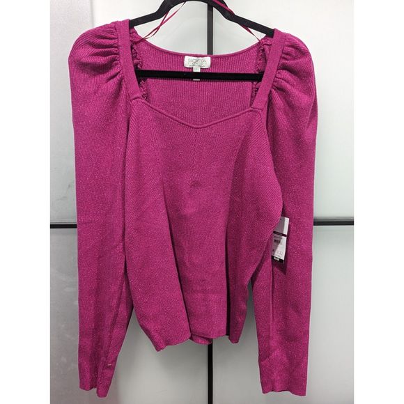 Sofia Vergara| Plus Size Women's Puff Sweetheart Sweater Shimmer Magenta… - Picture 4 of 7
